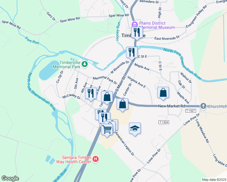 map of restaurants, bars, coffee shops, grocery stores, and more near 4th Street in Timberville