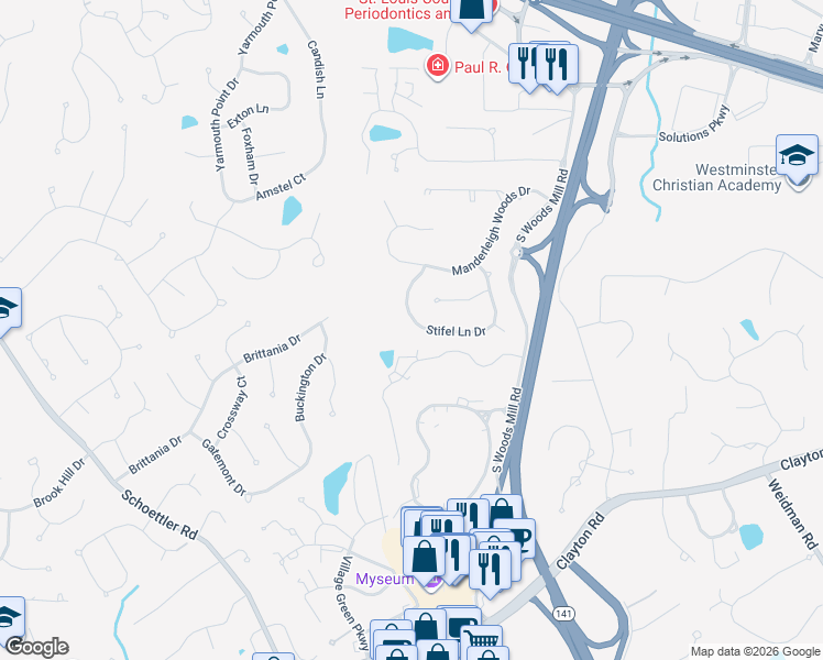 map of restaurants, bars, coffee shops, grocery stores, and more near 14315 Willow Bend Park in Town and Country