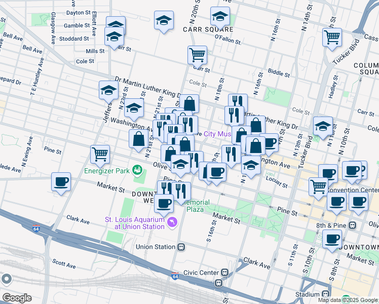 map of restaurants, bars, coffee shops, grocery stores, and more near 1801 Locust Street in St. Louis