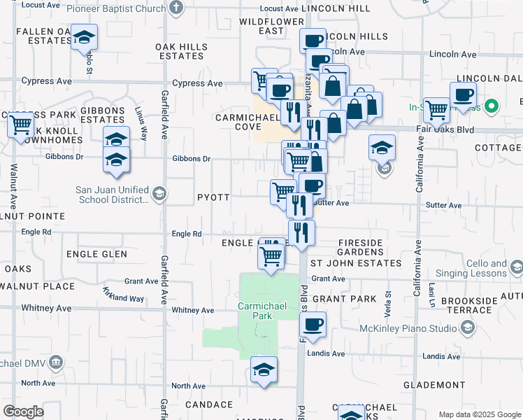 map of restaurants, bars, coffee shops, grocery stores, and more near 5735 Engle Road in Carmichael