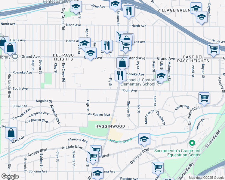 map of restaurants, bars, coffee shops, grocery stores, and more near 3533 Marysville Boulevard in Sacramento