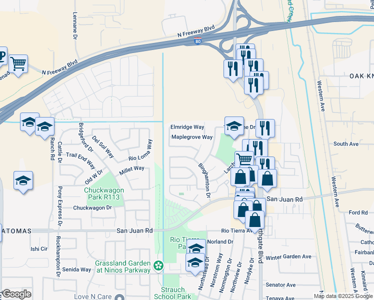 map of restaurants, bars, coffee shops, grocery stores, and more near 3578 Binghamton Drive in Sacramento