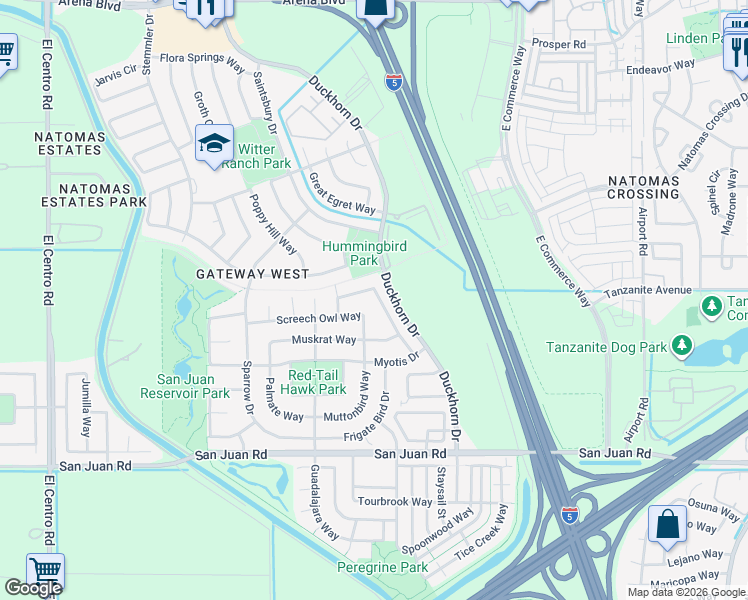 map of restaurants, bars, coffee shops, grocery stores, and more near 3481 Loggerhead Way in Sacramento