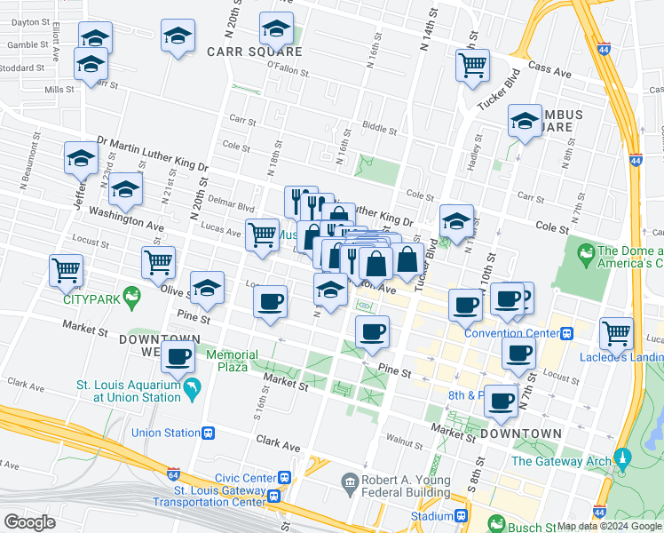 map of restaurants, bars, coffee shops, grocery stores, and more near 1430 Washington Avenue in St. Louis
