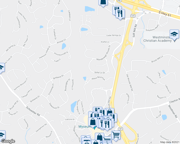 map of restaurants, bars, coffee shops, grocery stores, and more near 14315 Willow Bend Park in Town and Country