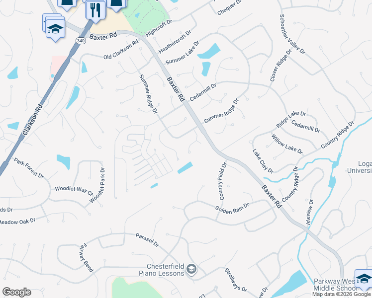 map of restaurants, bars, coffee shops, grocery stores, and more near 1937 Preston Ridge Drive in Chesterfield