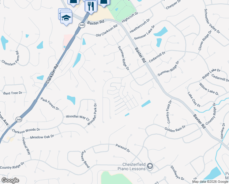 map of restaurants, bars, coffee shops, grocery stores, and more near 15803 Thomas Ridge Court in Chesterfield