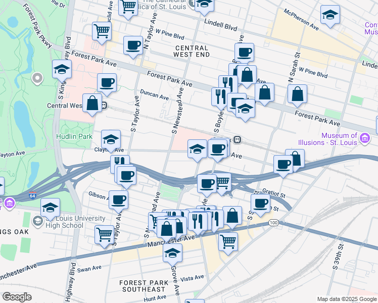 map of restaurants, bars, coffee shops, grocery stores, and more near 4353 Clayton Ave in St Louis