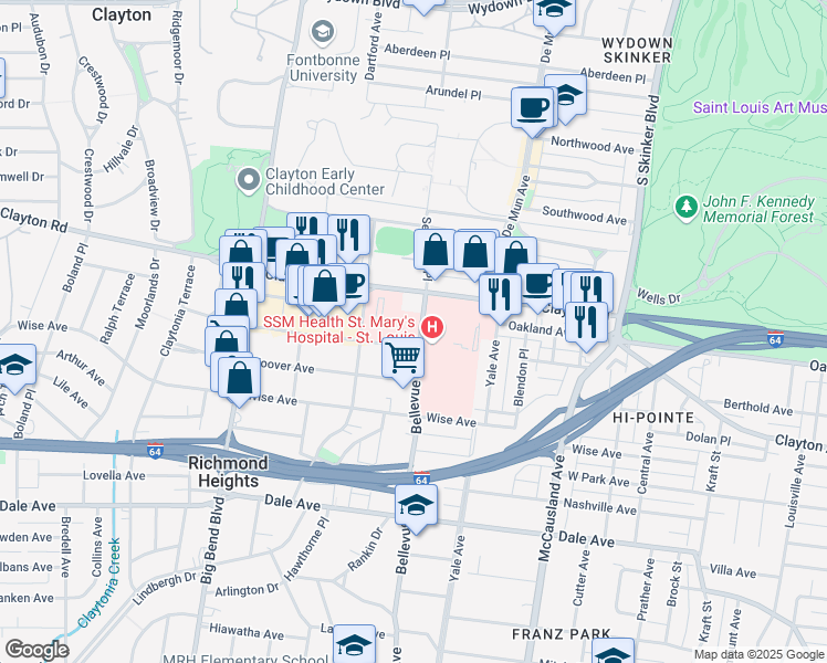 map of restaurants, bars, coffee shops, grocery stores, and more near 1035C Bellevue Avenue in Richmond Heights