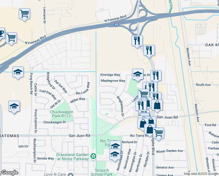 map of restaurants, bars, coffee shops, grocery stores, and more near 3578 Binghamton Drive in Sacramento