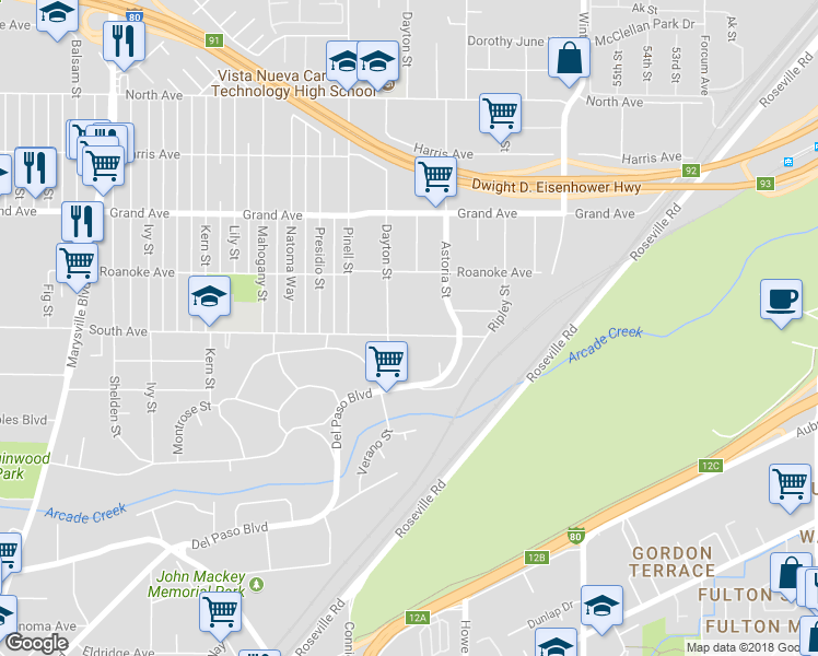 map of restaurants, bars, coffee shops, grocery stores, and more near 2117 South Avenue in Sacramento