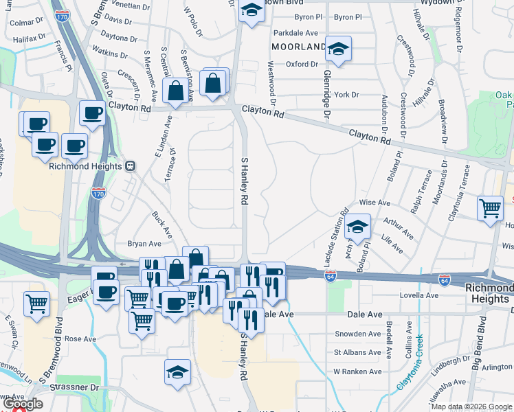 map of restaurants, bars, coffee shops, grocery stores, and more near 1199 Hampton Park Drive in Richmond Heights