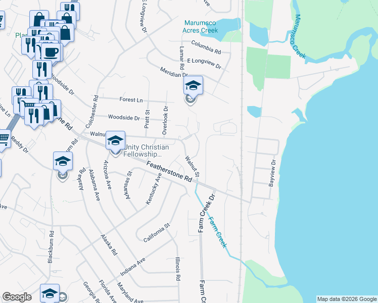 map of restaurants, bars, coffee shops, grocery stores, and more near 1347 Redbud Court in Woodbridge