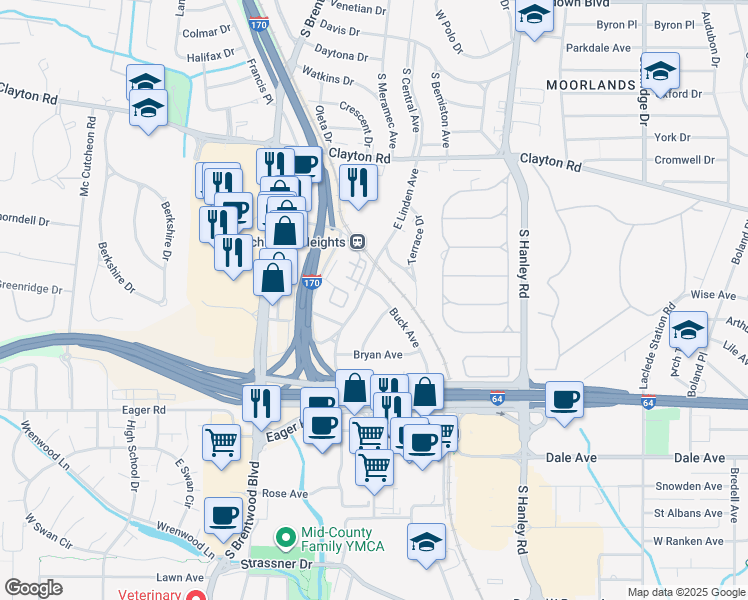 map of restaurants, bars, coffee shops, grocery stores, and more near 1112 East Linden Avenue in Richmond Heights