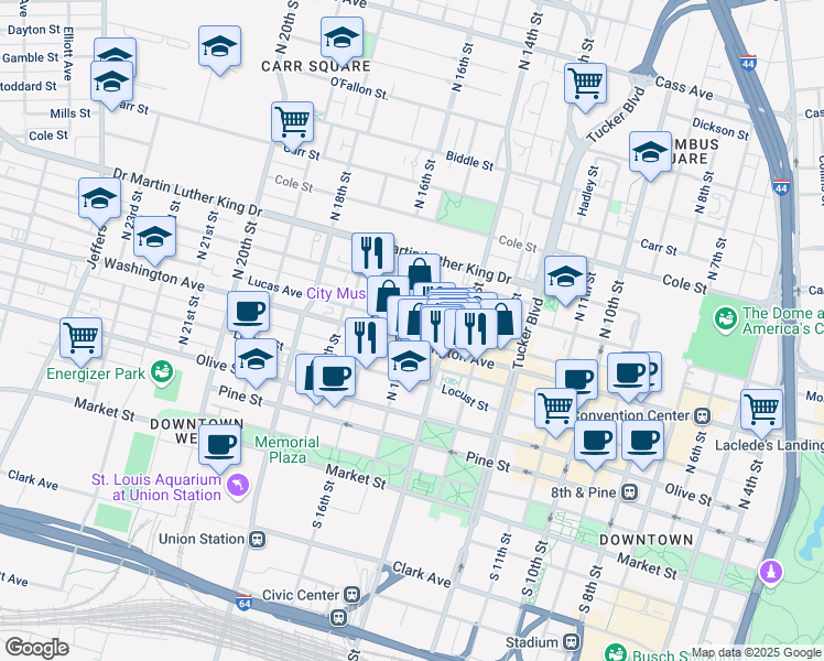 map of restaurants, bars, coffee shops, grocery stores, and more near 1511 Washington Avenue in Saint Louis