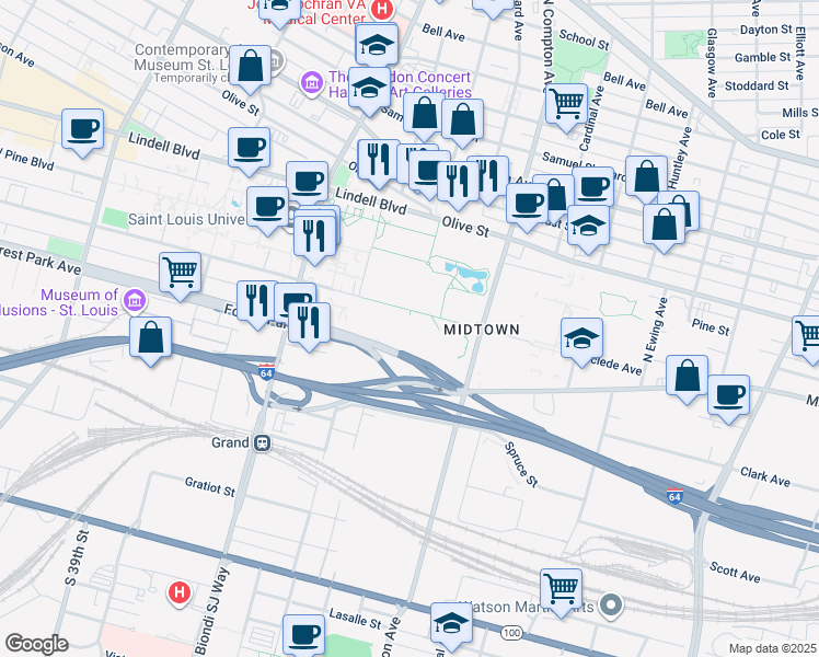 map of restaurants, bars, coffee shops, grocery stores, and more near 3201 Grand Forest Drive in St. Louis