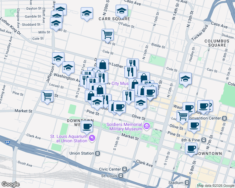 map of restaurants, bars, coffee shops, grocery stores, and more near 1701 Locust Street in St. Louis