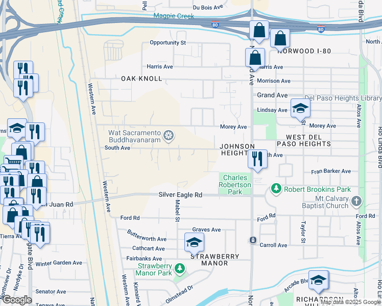 map of restaurants, bars, coffee shops, grocery stores, and more near 250 South Avenue in Sacramento
