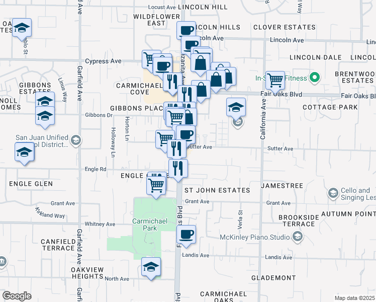map of restaurants, bars, coffee shops, grocery stores, and more near 7220 Fair Oaks Boulevard in Carmichael