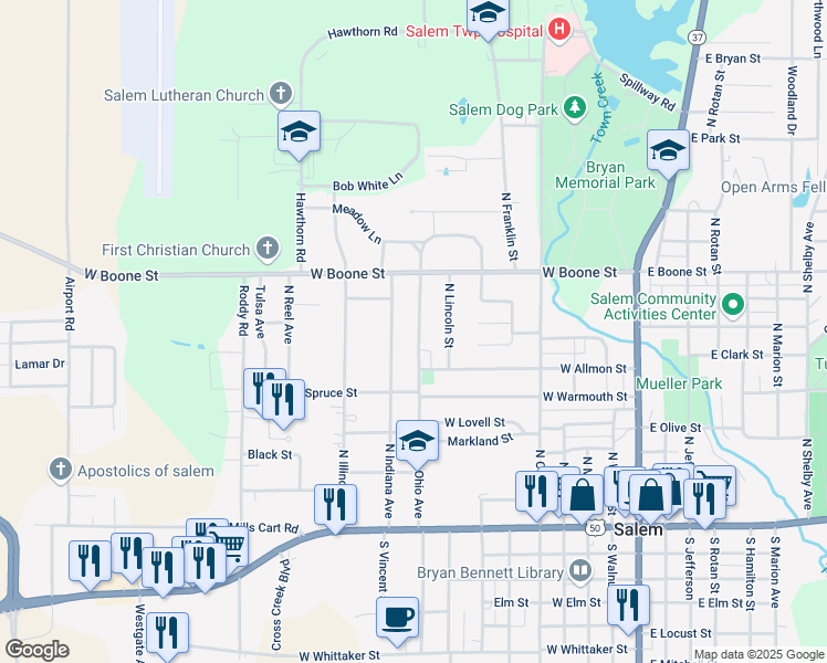 map of restaurants, bars, coffee shops, grocery stores, and more near 705 North Ohio Avenue in Salem