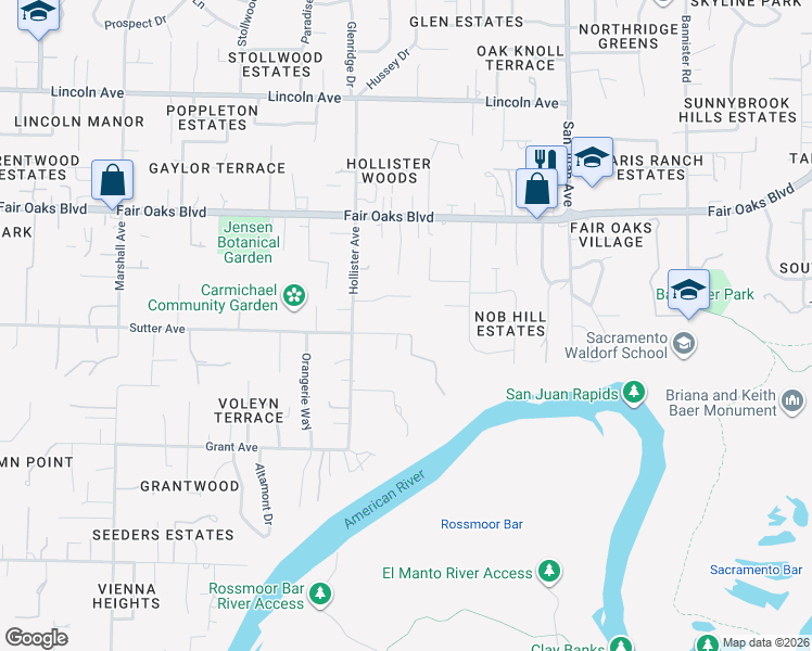 map of restaurants, bars, coffee shops, grocery stores, and more near 7146 Sutter Avenue in Carmichael
