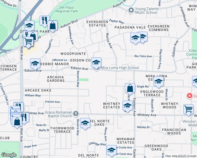 map of restaurants, bars, coffee shops, grocery stores, and more near 4000 Edison Avenue in Sacramento