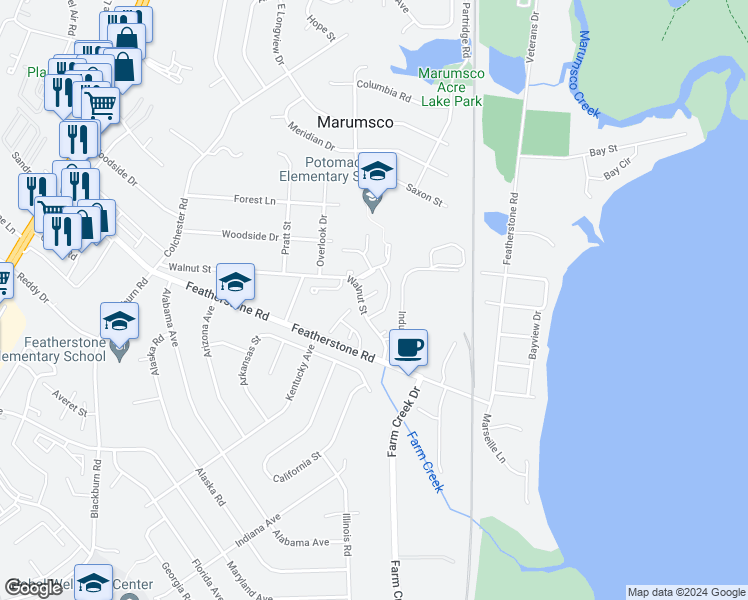 map of restaurants, bars, coffee shops, grocery stores, and more near 1341 Redbud Court in Woodbridge