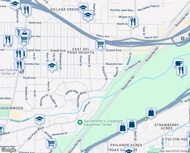 map of restaurants, bars, coffee shops, grocery stores, and more near 2112 South Avenue in Sacramento