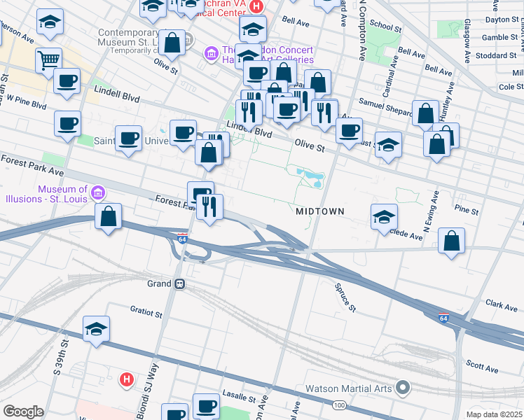 map of restaurants, bars, coffee shops, grocery stores, and more near 3201 Grand Forest Drive in St. Louis