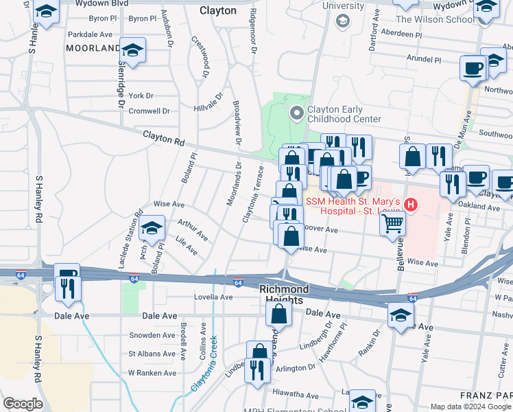 map of restaurants, bars, coffee shops, grocery stores, and more near 7553 Hoover Avenue in Richmond Heights