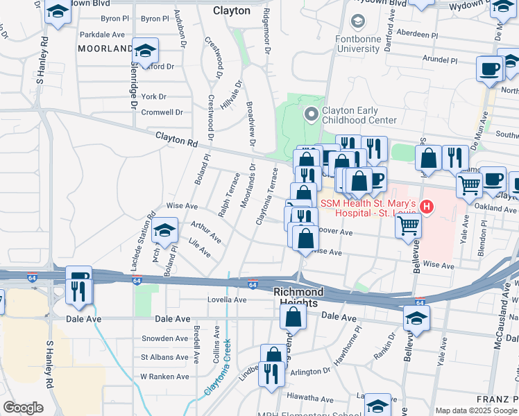 map of restaurants, bars, coffee shops, grocery stores, and more near 1151 Claytonia Terrace in Richmond Heights