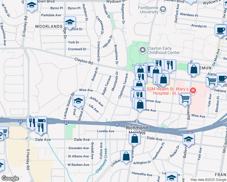 map of restaurants, bars, coffee shops, grocery stores, and more near 1151 Claytonia Terrace in Richmond Heights