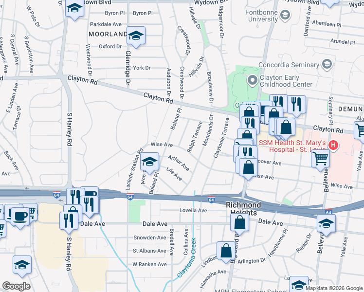 map of restaurants, bars, coffee shops, grocery stores, and more near 7731 Arthur Avenue in Richmond Heights