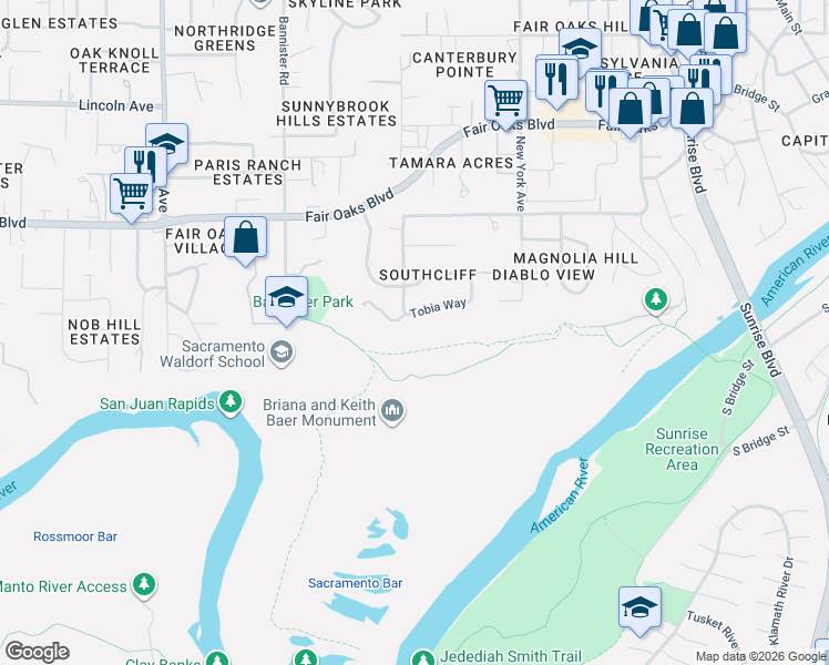 map of restaurants, bars, coffee shops, grocery stores, and more near 7700 Tobia Way in Fair Oaks