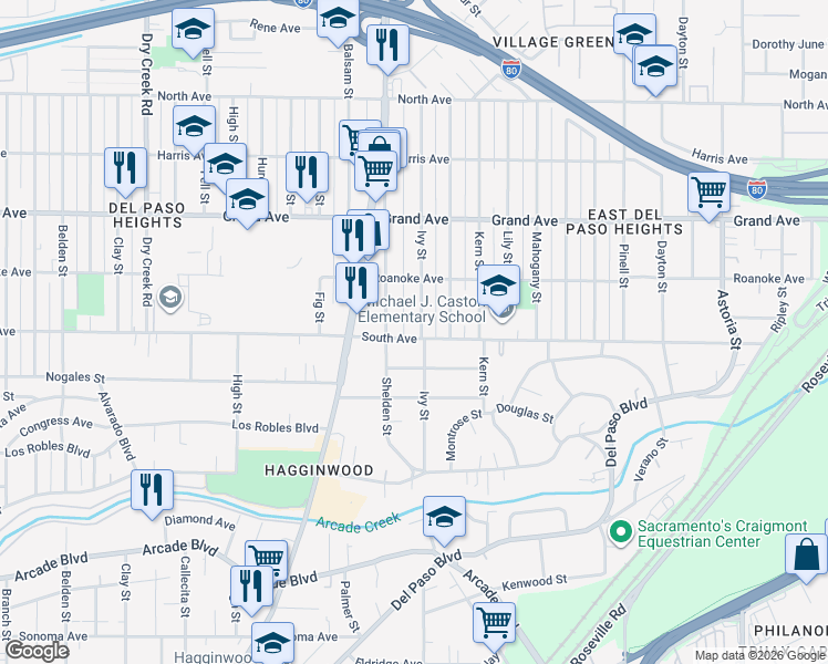 map of restaurants, bars, coffee shops, grocery stores, and more near 1670 South Avenue in Sacramento