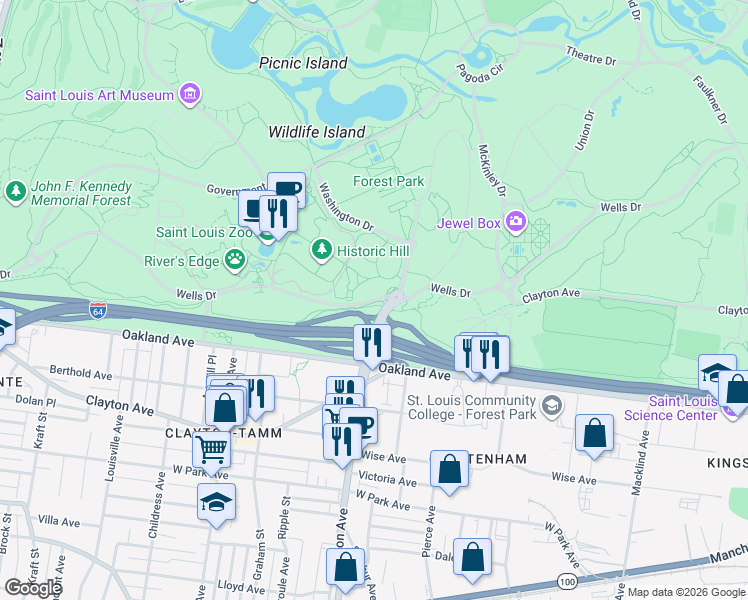 map of restaurants, bars, coffee shops, grocery stores, and more near Wells Drive in St. Louis