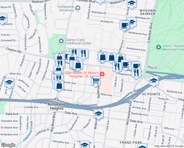 map of restaurants, bars, coffee shops, grocery stores, and more near 7328 Ethel Avenue in St. Louis