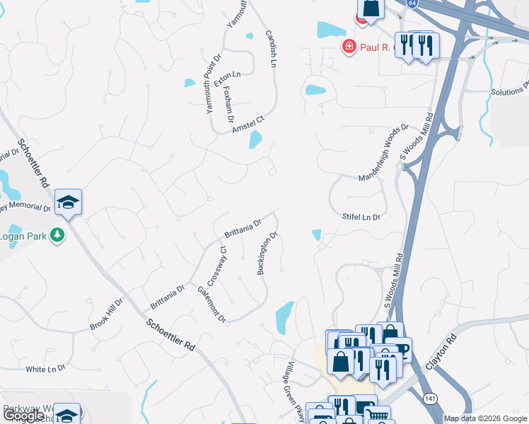 map of restaurants, bars, coffee shops, grocery stores, and more near 1845 Buckington Drive in Town and Country