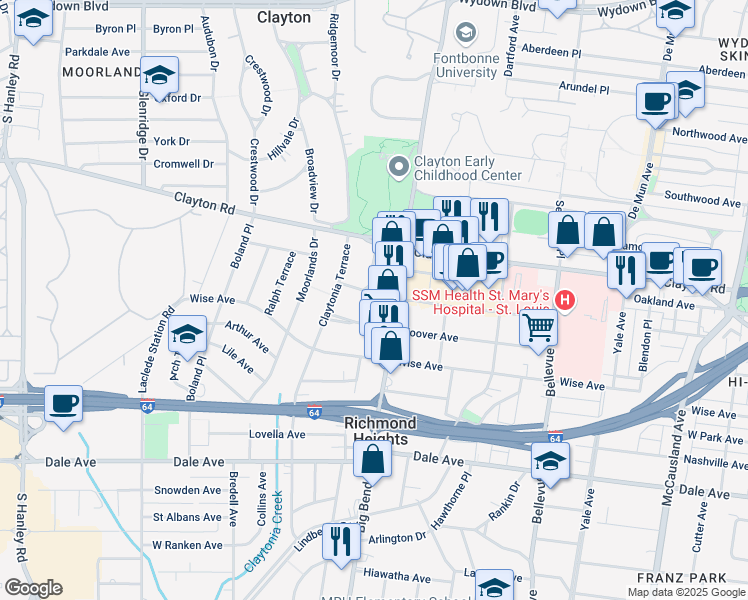 map of restaurants, bars, coffee shops, grocery stores, and more near 7520 Ethel Avenue in Richmond Heights