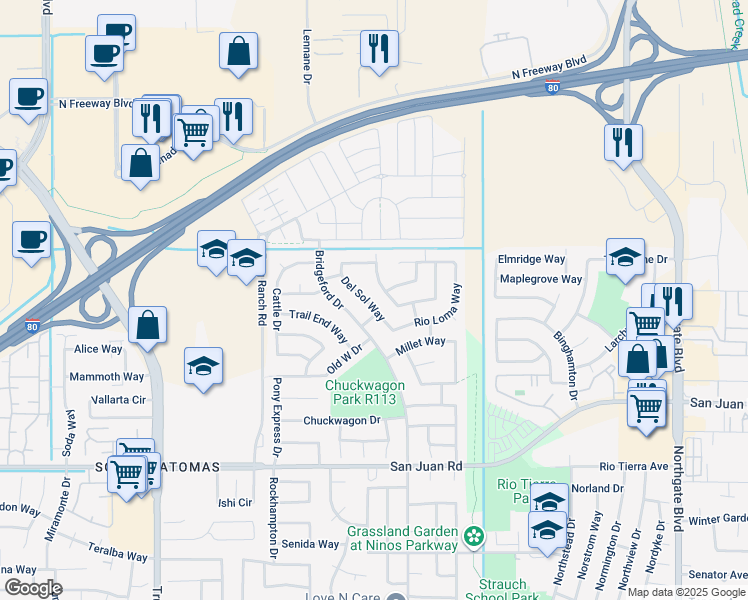 map of restaurants, bars, coffee shops, grocery stores, and more near 3512 Del Sol Way in Sacramento