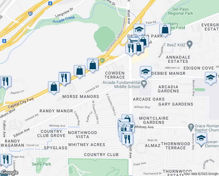 map of restaurants, bars, coffee shops, grocery stores, and more near 3660 East Country Club Lane in Sacramento