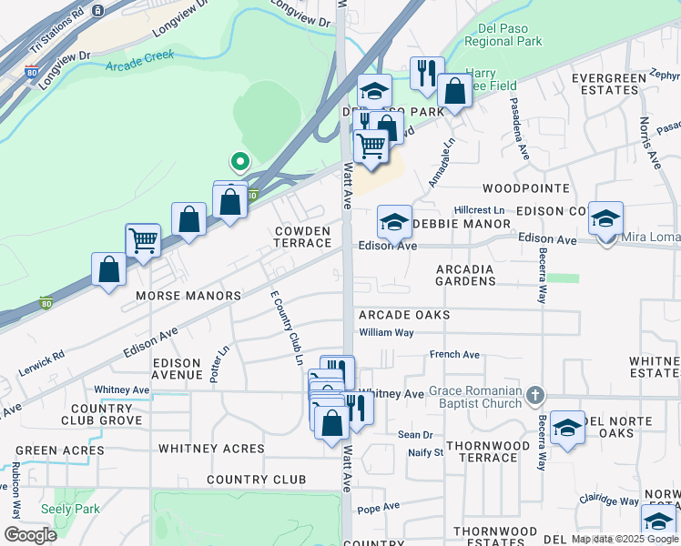 map of restaurants, bars, coffee shops, grocery stores, and more near 3481 Sierra View Lane in Sacramento
