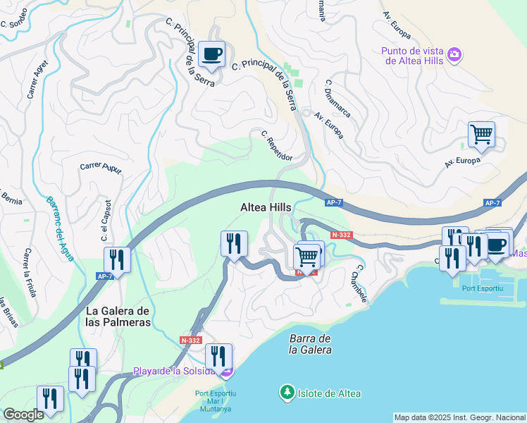 map of restaurants, bars, coffee shops, grocery stores, and more near 181 Carrer Principal de la Serra in Altea