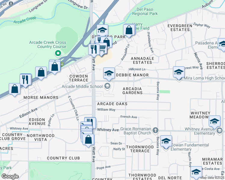 map of restaurants, bars, coffee shops, grocery stores, and more near West Way in Sacramento