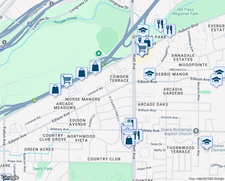 map of restaurants, bars, coffee shops, grocery stores, and more near 3660 East Country Club Lane in Sacramento