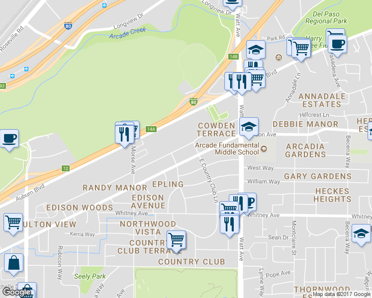 map of restaurants, bars, coffee shops, grocery stores, and more near 3315 Edison Avenue in Sacramento