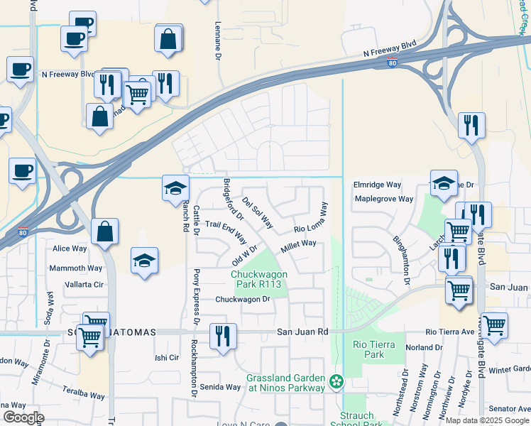 map of restaurants, bars, coffee shops, grocery stores, and more near 3512 Del Sol Way in Sacramento