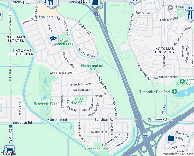 map of restaurants, bars, coffee shops, grocery stores, and more near 3481 Loggerhead Way in Sacramento