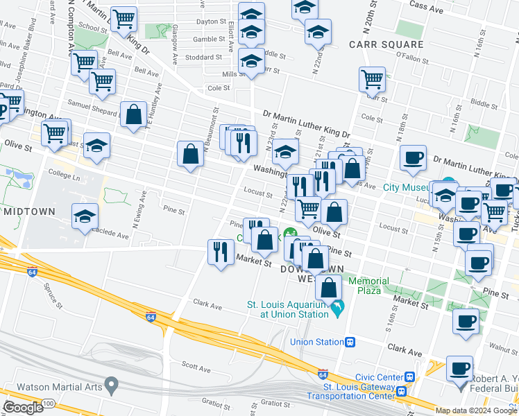 map of restaurants, bars, coffee shops, grocery stores, and more near 2315 Pine St in St Louis