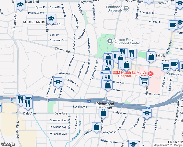map of restaurants, bars, coffee shops, grocery stores, and more near 1151 Claytonia Terrace in Richmond Heights